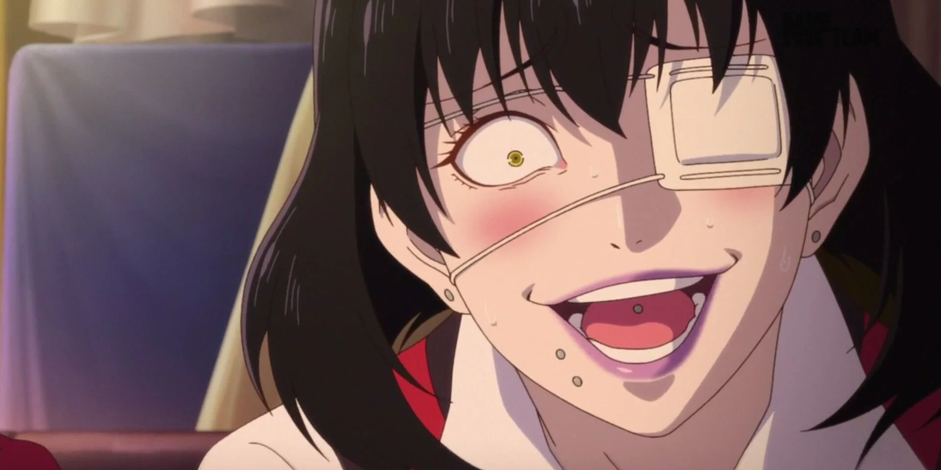 Midari Ikishima grinning with an eyepatch in Kakegurui.