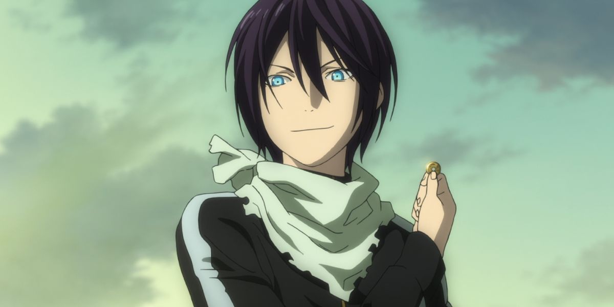 A confident Yato holding a 5-yen coin (Noragami).