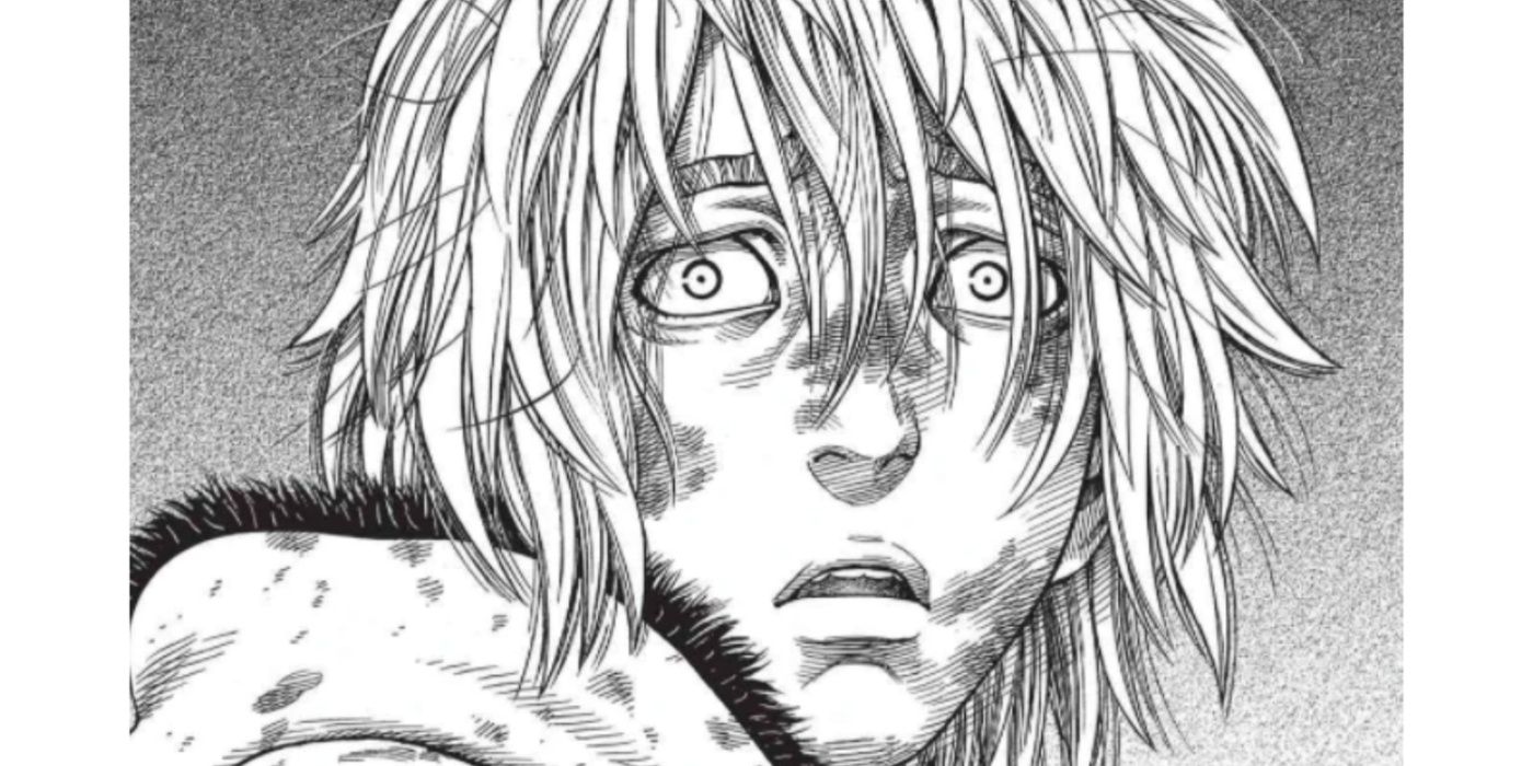 Thorfinn with a look of despair after Askeladd's death in Vinland Saga.