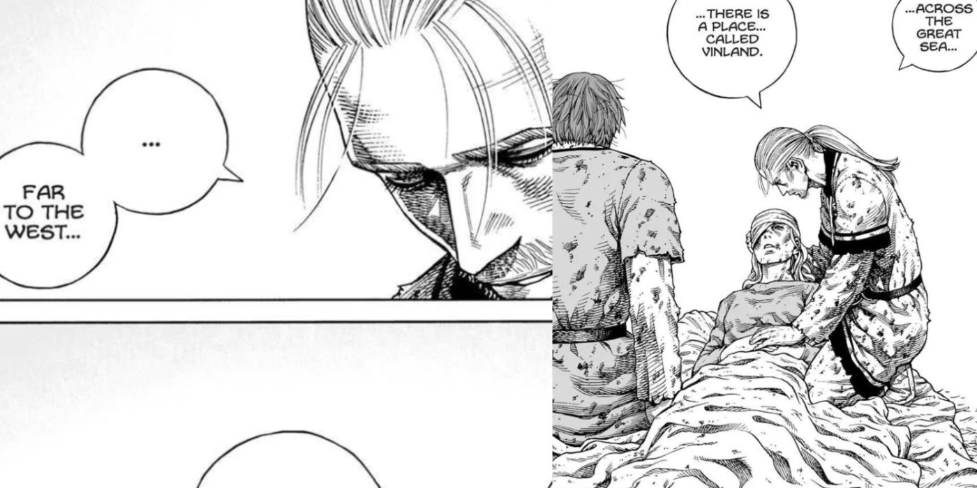 Split image of Thorfinn telling Arnheid of the promising land of Vinland in her final moments.