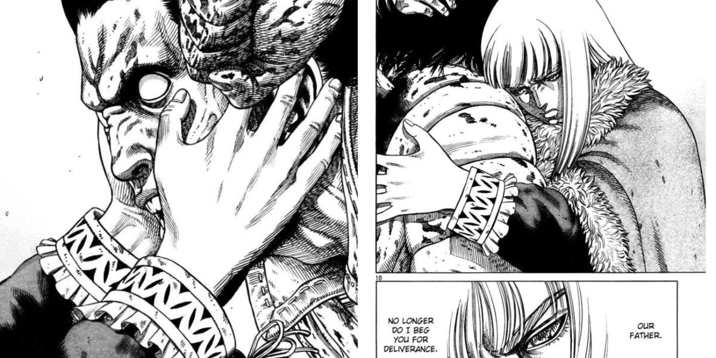 Split image of Canute calming a rage-fueled Bjorn in Vinland Saga.