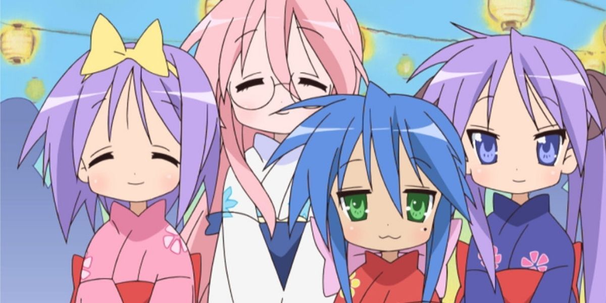 Konata, Kagami, Miyuki, and Tsukasa in their New Year's kimono